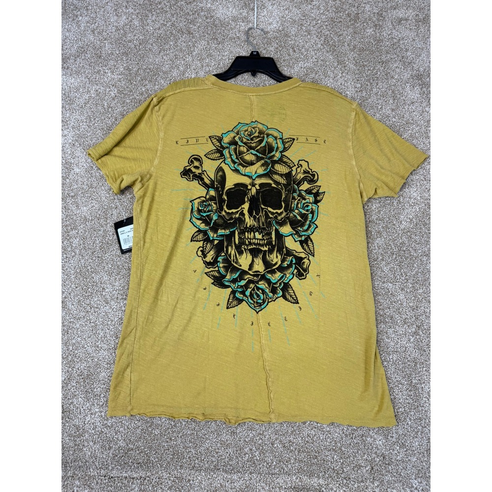 Y2K NEW Affliction Womens Medium Mustard Yellow Skull Rose Graphic Crew Tee MMA - Picture 4 of 11